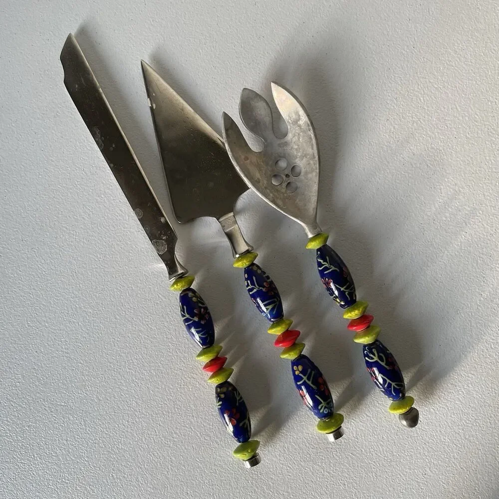 Kitchen Utensils Spoon Pie Server Knife Ceramic Pottery Handle Steel Set of 3